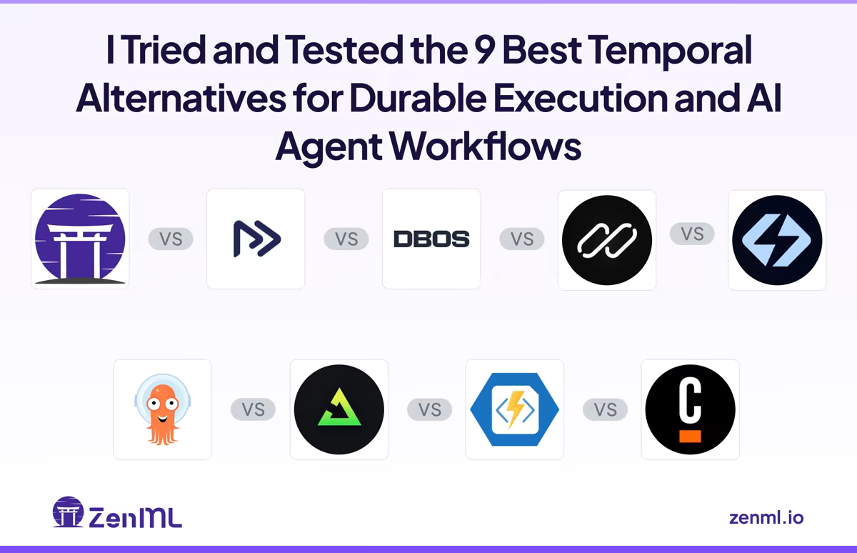 ZenML blog cover comparing Temporal with the 9 best alternatives for durable execution and AI agent workflows, including Kitaru, Restate, DBOS, Inngest, Hatchet, Argo Workflows, Azure Durable Functions, and Camunda