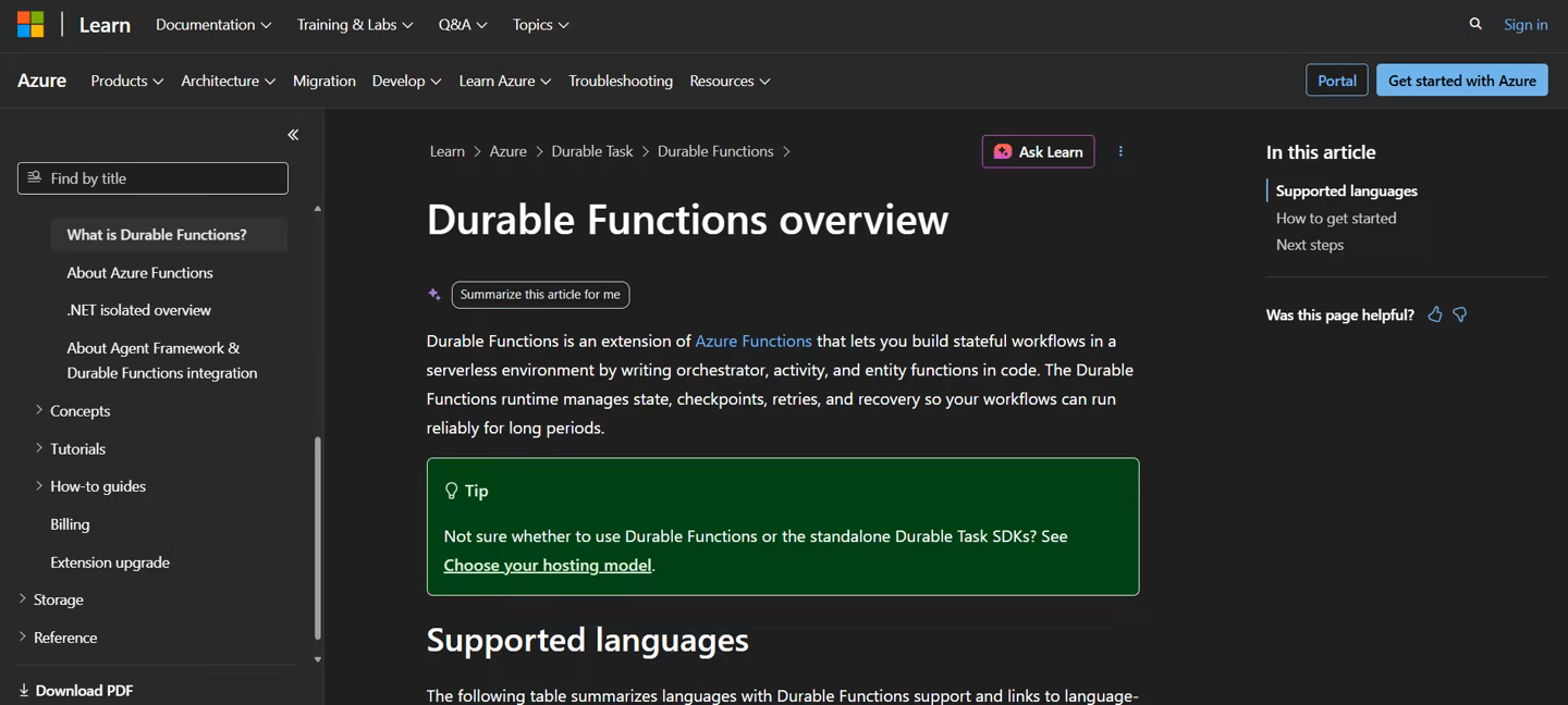 Screenshot of the Azure Durable Functions documentation