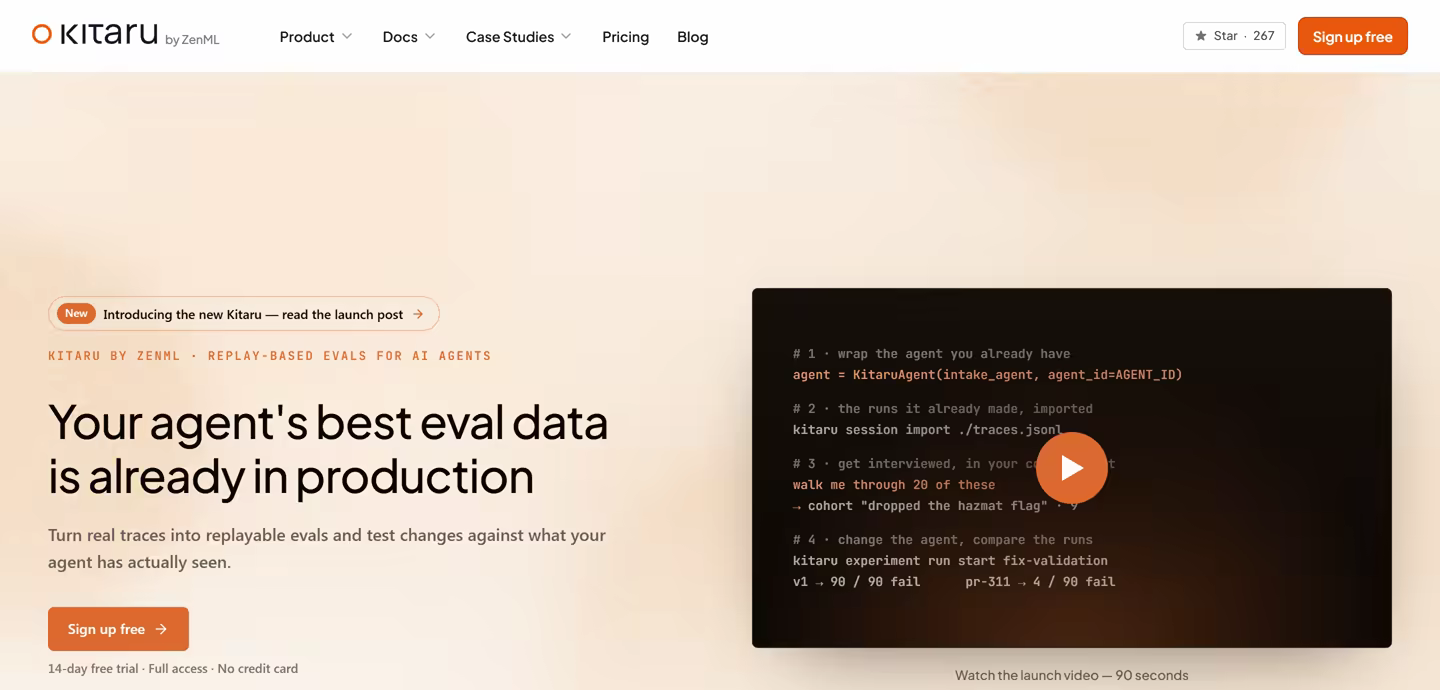 Kitaru by ZenML homepage headlined ‘Your agent’s best eval data is already in production’, describing replay-based evals that turn real traces into replayable tests