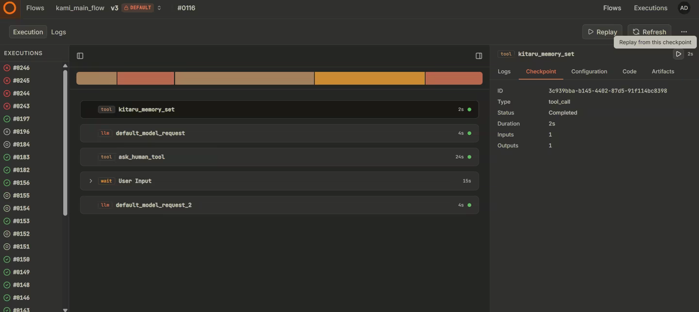 Screenshot of the Kitaru dashboard showing an agent run with checkpointed steps and a checkpoint detail panel