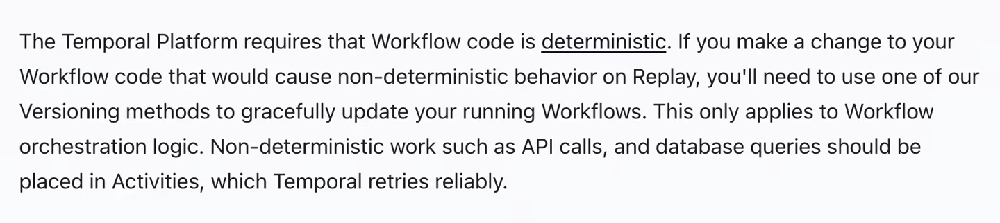 Temporal documentation noting that Workflow code must be deterministic and that Versioning methods are needed to safely update running Workflows