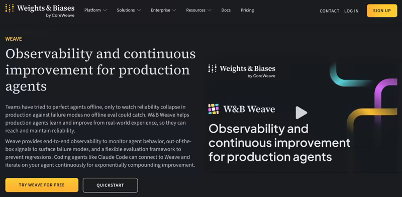 Weights & Biases Weave page headlined “Observability and continuous improvement for production agents”