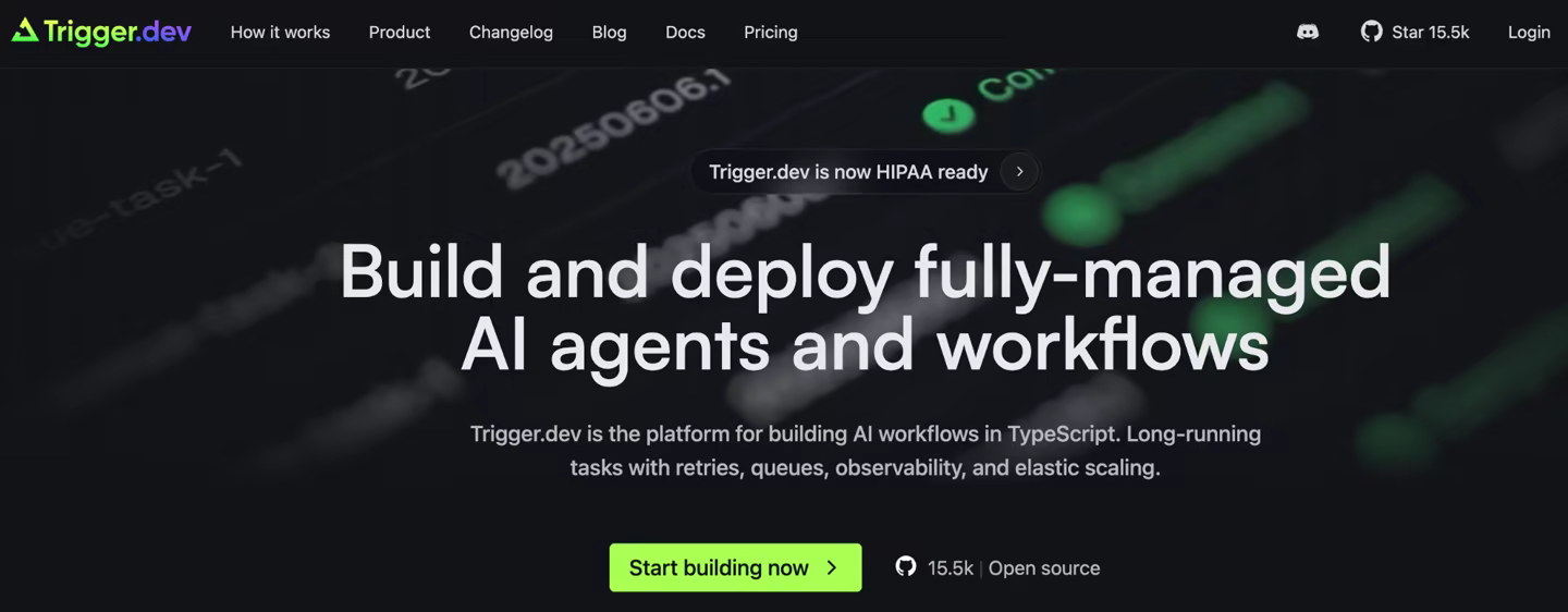Screenshot of the Trigger.dev homepage