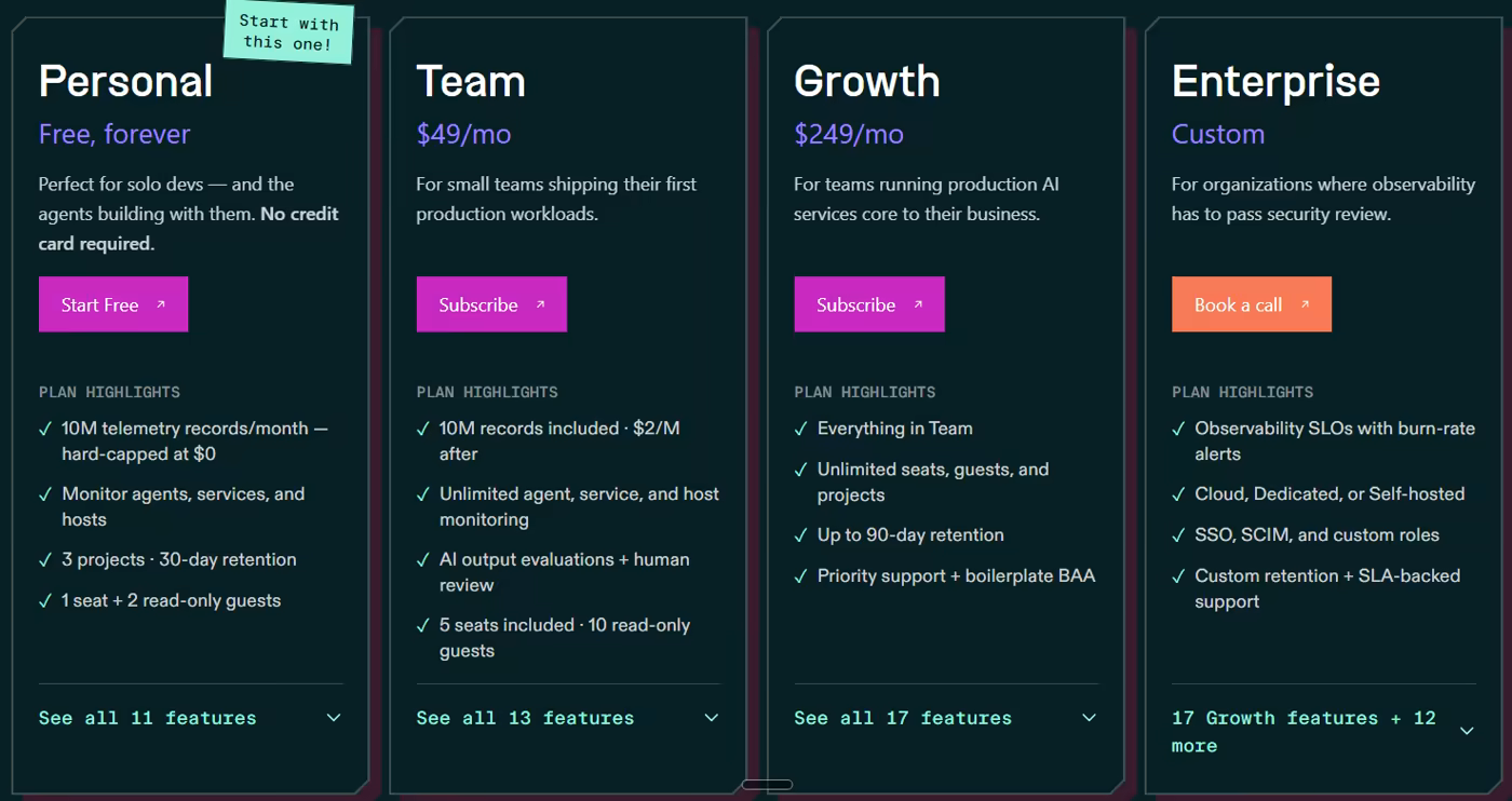 Screenshot of Logfire pricing showing the Personal, Team, Growth, and Enterprise plans