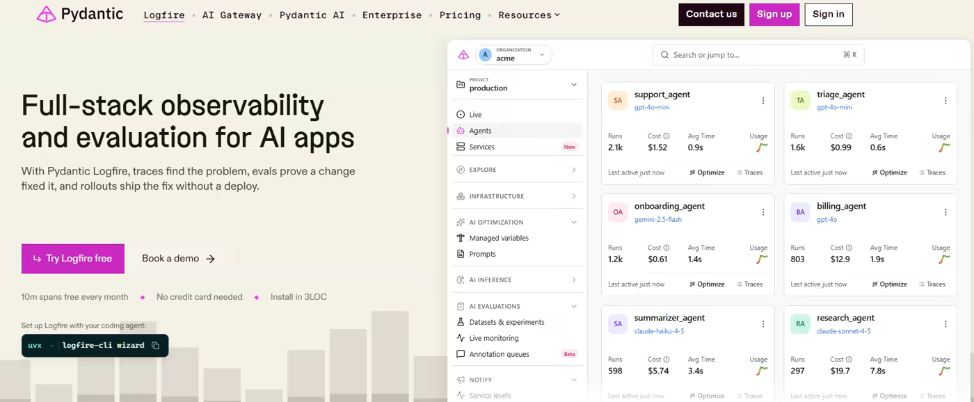 Screenshot of the Pydantic Logfire homepage promoting full-stack observability and evaluation for AI apps
