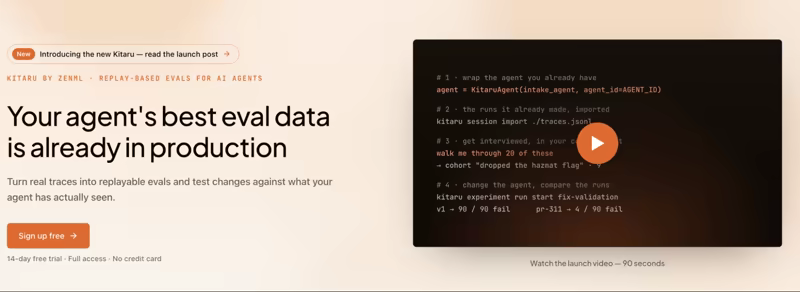 Kitaru by ZenML landing page with the headline "Your agent's best eval data is already in production" beside a code sample showing how to wrap an agent, import traces, build a cohort, and run an experiment