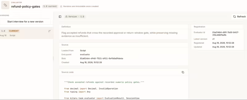 Kitaru evaluator detail view for refund-policy-gates version 1.0, showing the immutable version, its definition, registration metadata, and the Python source of the evaluator