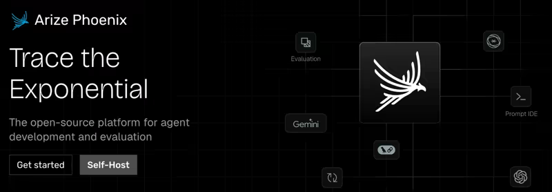 Arize Phoenix landing page with the headline "Trace the Exponential" and the tagline "The open-source platform for agent development and evaluation", with Get started and Self-Host buttons