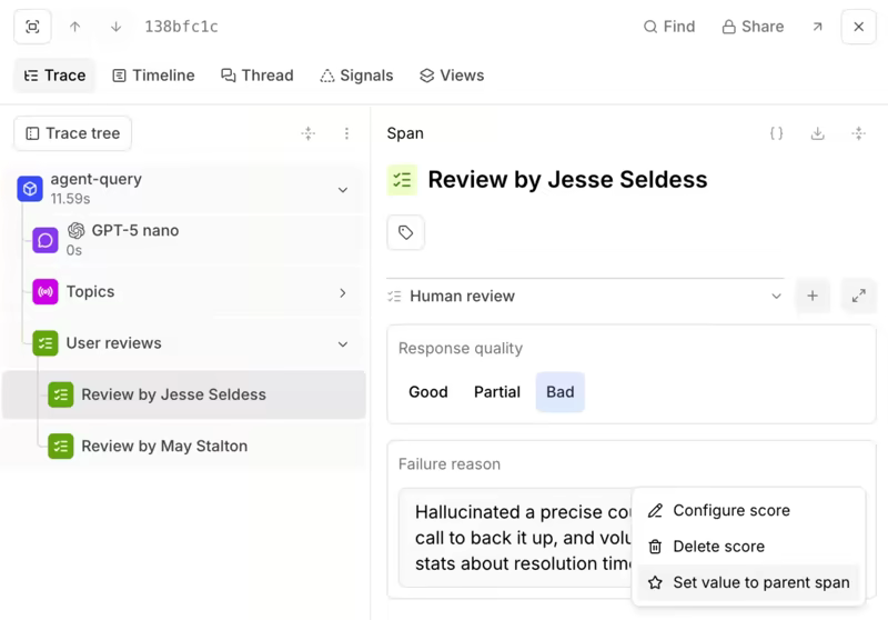 Braintrust trace tree listing two user reviews of the same span, with a human review panel scoring response quality as Bad and a free-text failure reason