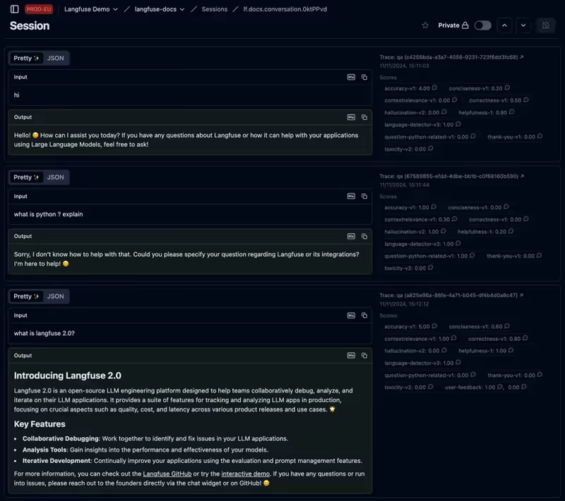 Langfuse session view grouping several traces of a QA chatbot conversation, each with Pretty and JSON toggles and per-trace evaluation scores