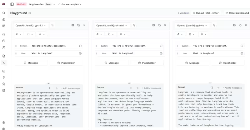 Langfuse playground running the same prompt across three windows on gpt-4.1, o4-mini, and gpt-4o, with each model's output below it