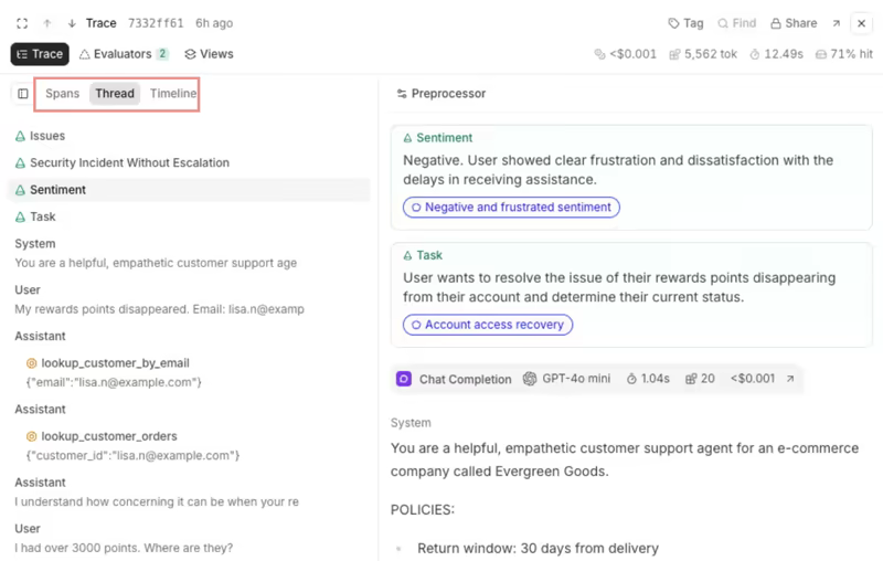 Braintrust trace viewer with the Spans, Thread, and Timeline tabs, showing a customer support conversation as chronological messages and tool calls beside the selected span's details