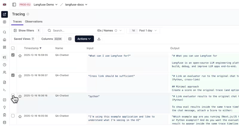 Langfuse traces table with rows selected by checkbox, the bulk action used to add traces to an annotation queue