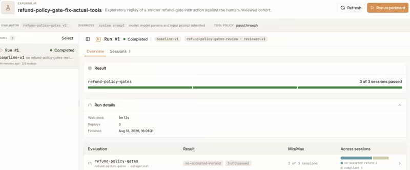 Kitaru experiment run comparing a candidate against a baseline cohort