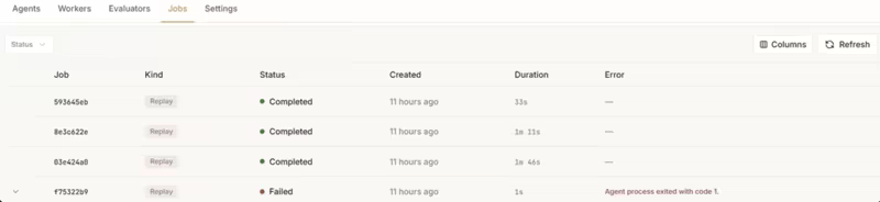 Kitaru replay jobs list showing completed and failed replays