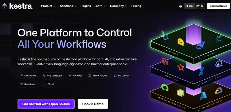Kestra homepage headlined "One Platform to Control All Your Workflows", describing an open-source orchestration platform for data, AI, and infrastructure workflows