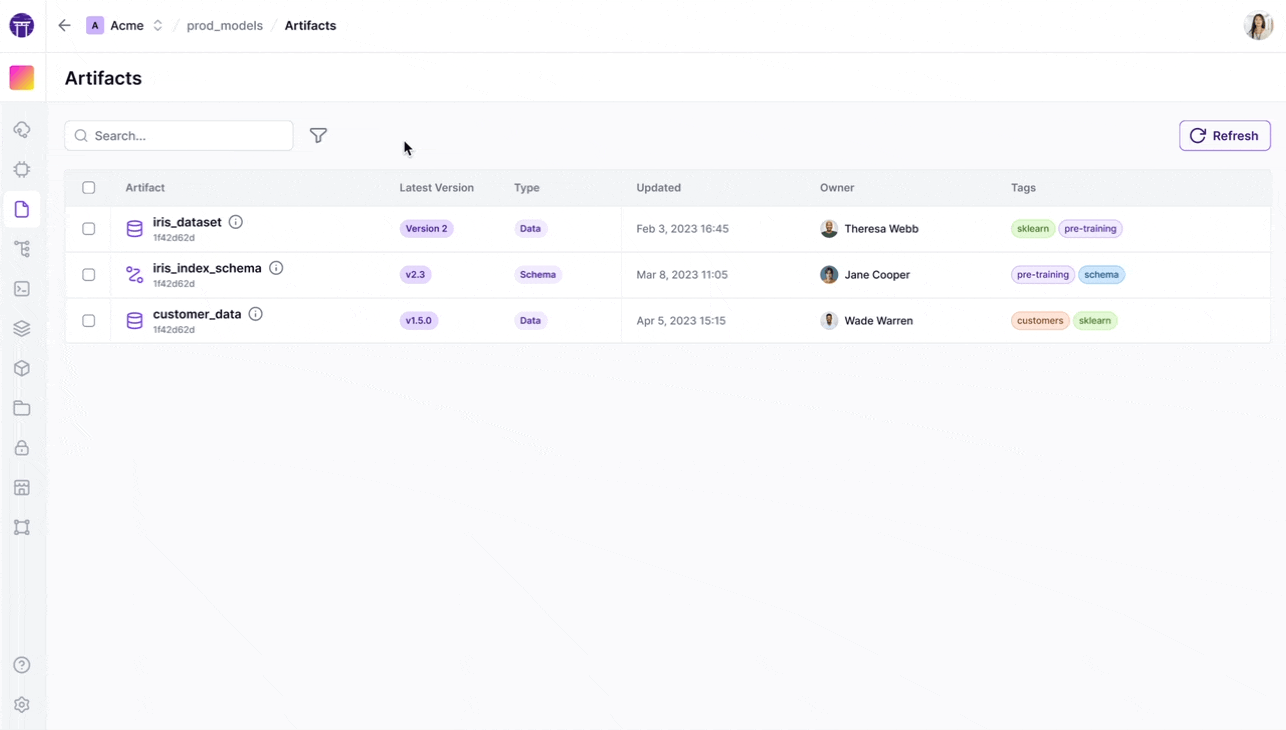 ZenML dashboard Artifacts view listing versioned artifacts such as iris_dataset, iris_index_schema, and customer_data with their latest version, type, owner, and tags