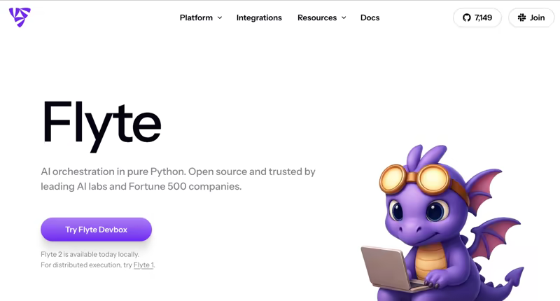 Flyte homepage describing AI orchestration in pure Python, open source and trusted by leading AI labs and Fortune 500 companies