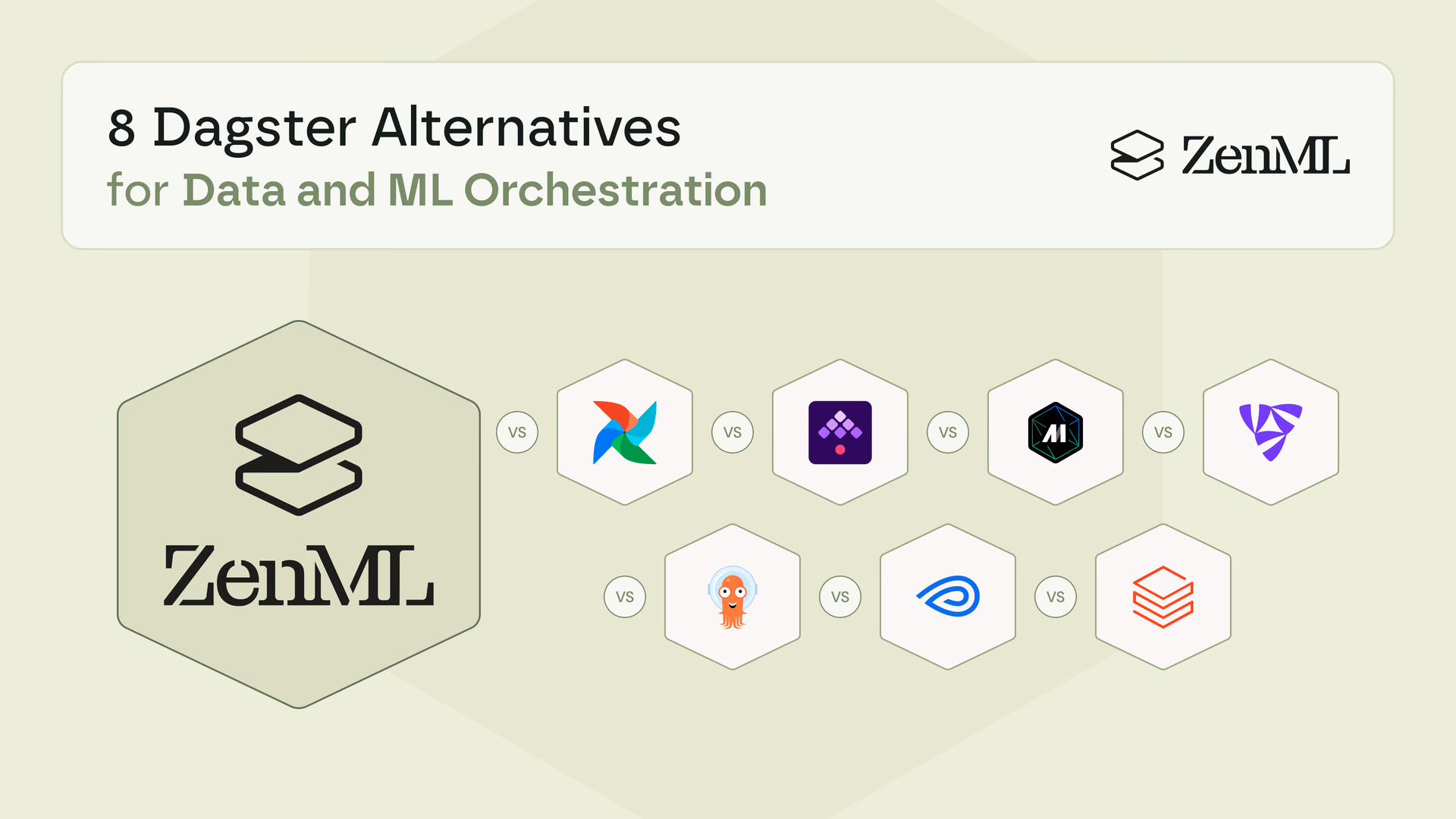 8 best Dagster alternatives for modern data and ML orchestration, showing the logos of ZenML, Apache Airflow, Kestra, Mage, Flyte, Argo Workflows, Metaflow, and Databricks