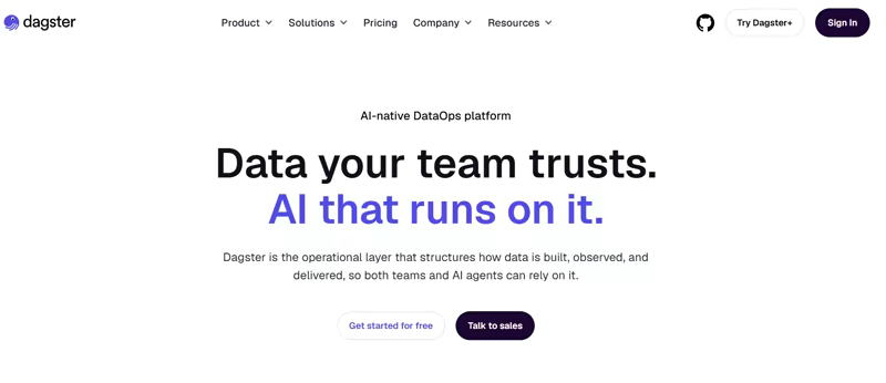 Dagster homepage positioning it as an AI-native DataOps platform with the tagline 'Data your team trusts. AI that runs on it.'