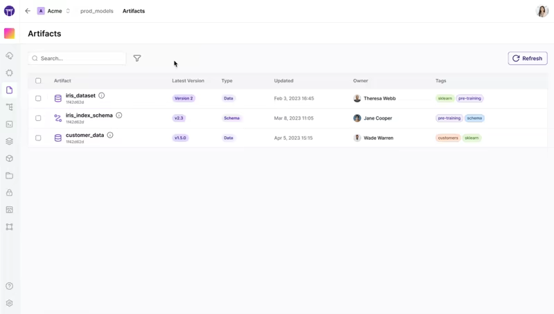 ZenML dashboard Artifacts view listing versioned artifacts like iris_dataset and customer_data with version, type, owner, and tags
