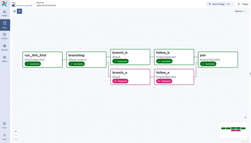 Airflow DAG graph view of a branching workflow showing success and skipped task states