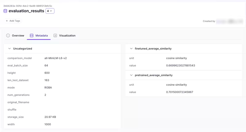 ZenML artifact metadata tab for an evaluation_results artifact showing recorded metrics such as cosine similarity values