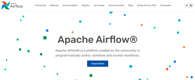 Apache Airflow homepage describing a community-built platform to programmatically author, schedule, and monitor workflows