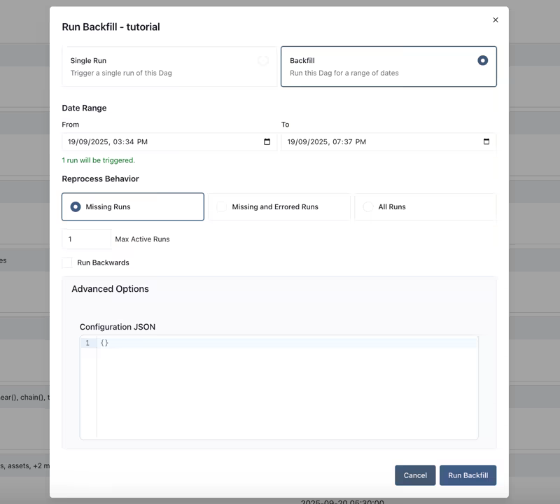 Airflow Run Backfill dialog with a date range and reprocess behavior options for missing runs