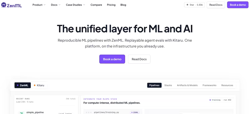 ZenML homepage hero reading "The unified layer for ML and AI," describing reproducible ML pipelines with ZenML and replayable agent evals with Kitaru