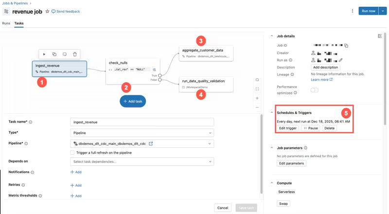 Databricks Lakeflow Jobs UI for orchestrating multi-task ML workflows