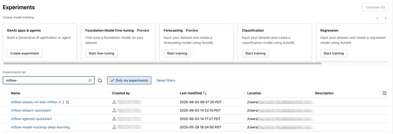 Databricks managed MLflow Experiments dashboard listing tracked training runs