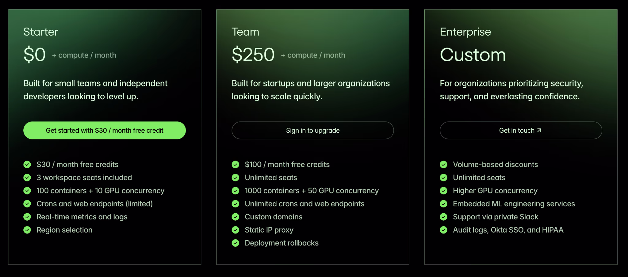Modal pricing tiers showing Starter, Team, and Enterprise plans