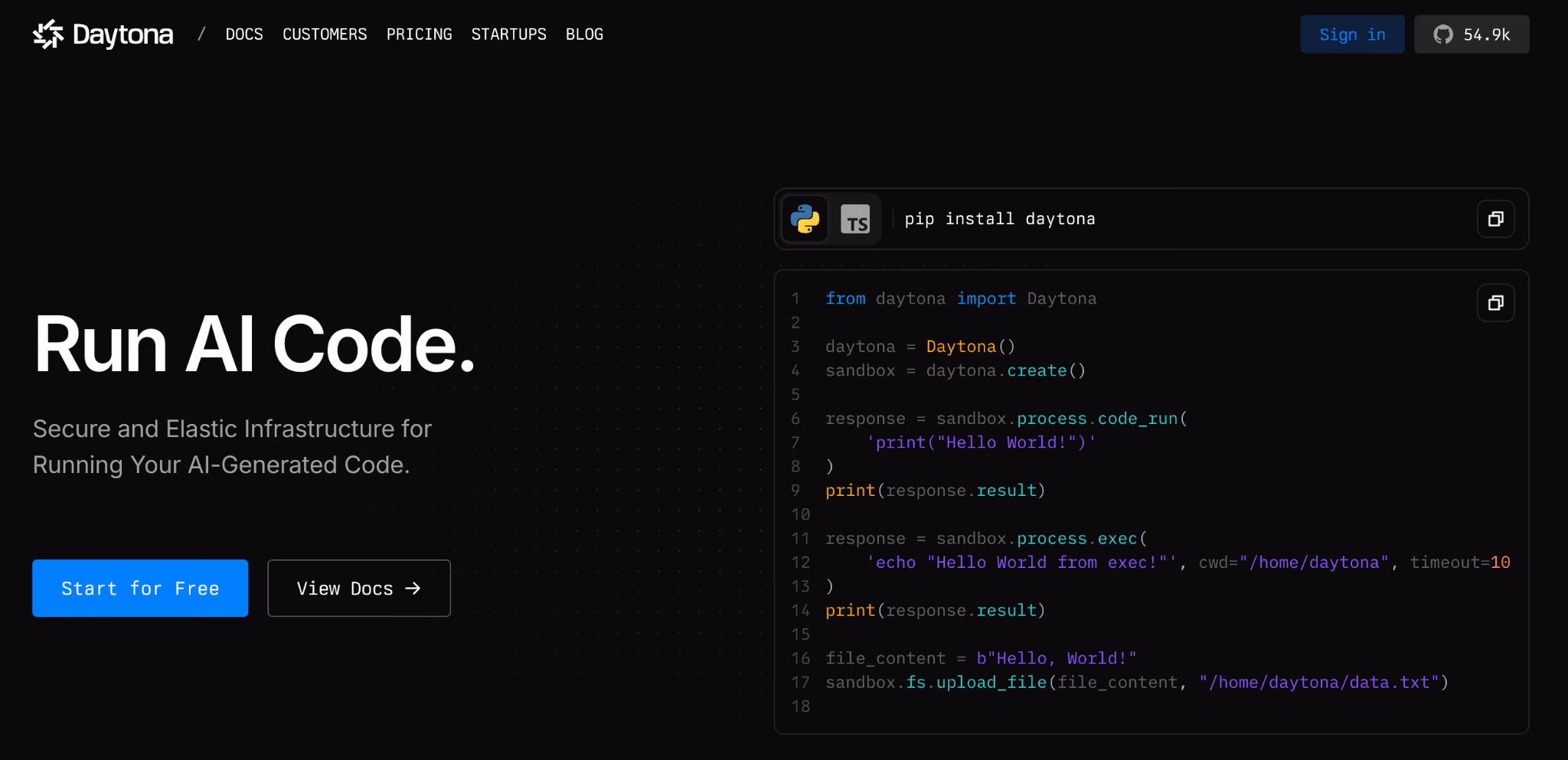 Daytona homepage screenshot
