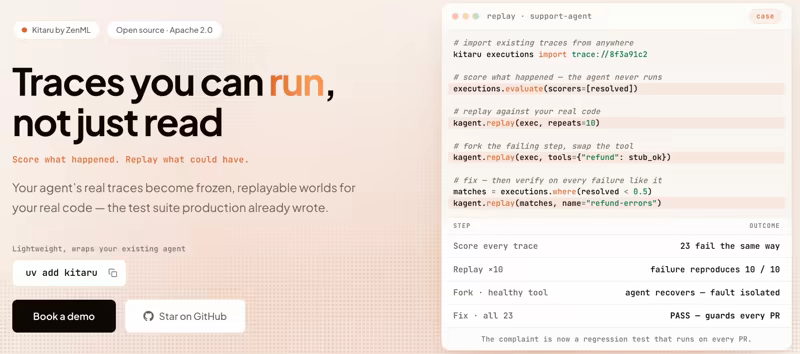 Kitaru by ZenML homepage with the headline 'Traces you can run, not just read' beside a replay code example