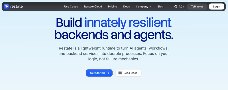 Restate homepage with the headline 'Build innately resilient backends and agents'