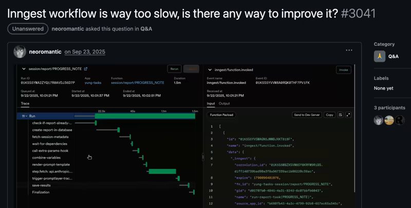 GitHub discussion titled 'Inngest workflow is way too slow' showing a run timeline where each step adds visible orchestration delay