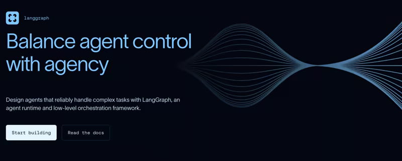 LangGraph homepage with the headline 'Balance agent control with agency'