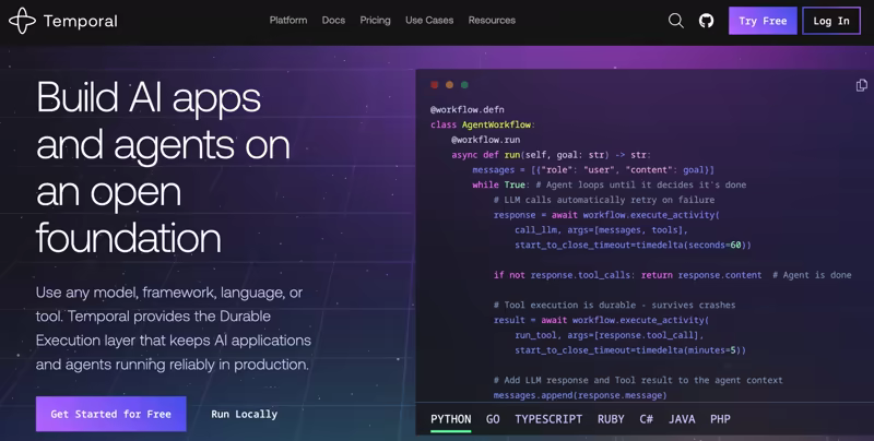 Temporal homepage with the headline 'Build AI apps and agents on an open foundation' next to a Python workflow code sample