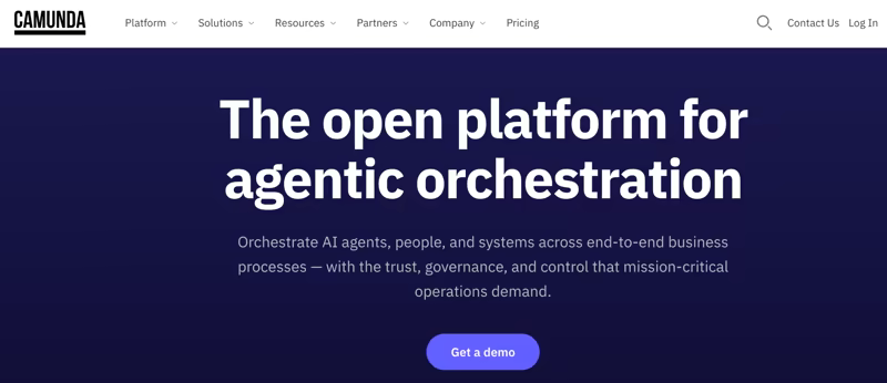 Camunda homepage with the headline 'The open platform for agentic orchestration'