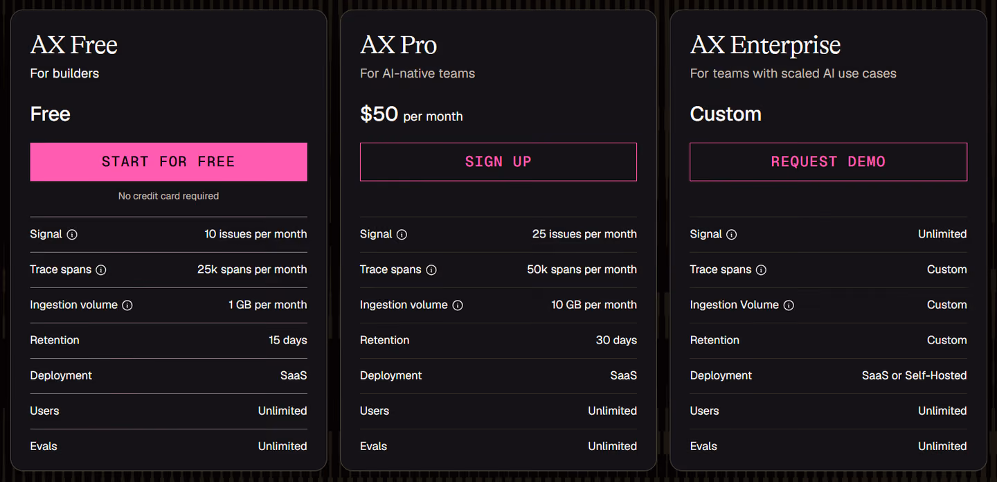 Arize AX pricing plans, separate from Phoenix