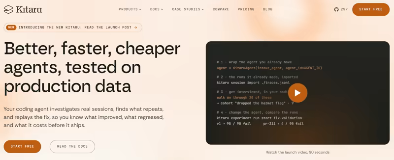 Kitaru homepage with the headline Better, faster, cheaper agents, tested on production data, next to a code panel that wraps an agent, imports traces, builds a cohort, and compares experiment runs
