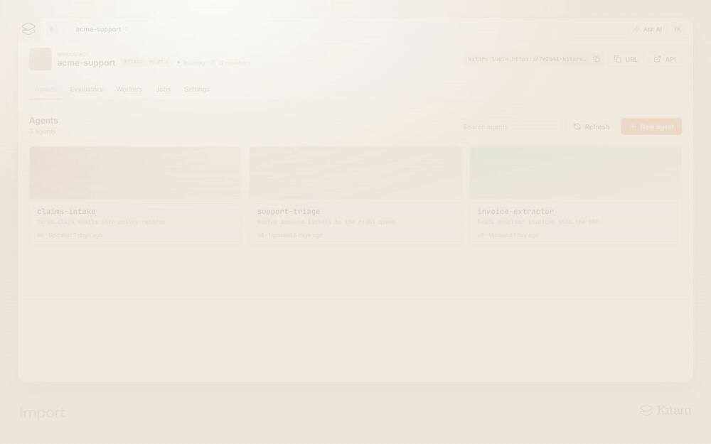Animated walkthrough of the Kitaru dashboard: importing traces, then opening the New experiment dialog to replay a cohort of sessions against a candidate agent version with a model override and tool policy