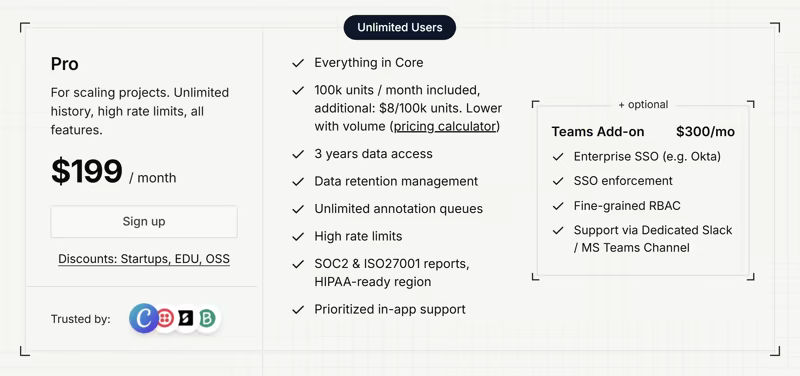 Langfuse Pro plan card at $199 per month with 3 years of data access, unlimited annotation queues, and SOC 2 and ISO 27001 reports, next to the optional $300 per month Teams add-on for enterprise SSO and fine-grained RBAC