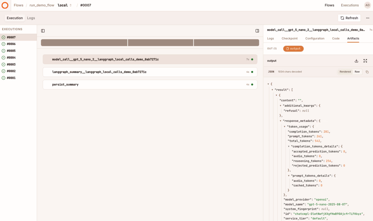 In calls mode, Kitaru records sync model/tool calls that pass through the LangChain middleware seam.