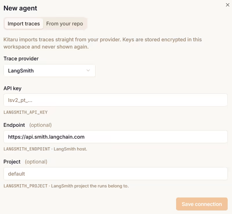 Kitaru New agent dialog on the Import traces tab with LangSmith selected as the trace provider and fields for the LangSmith API key, endpoint, and project