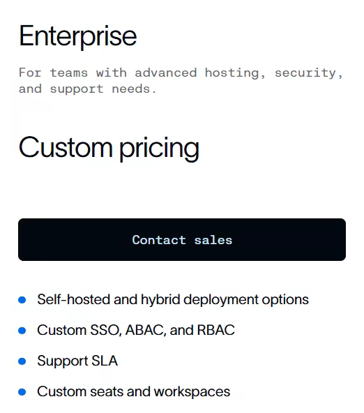 LangSmith Enterprise plan card: custom pricing with self-hosted and hybrid deployment options, custom SSO, ABAC, and RBAC, a support SLA, and custom seats and workspaces