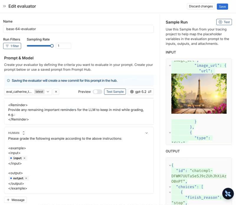 LangSmith online evaluator editor with run filters, a sampling rate, an LLM-as-judge prompt, and a sample run's input and output