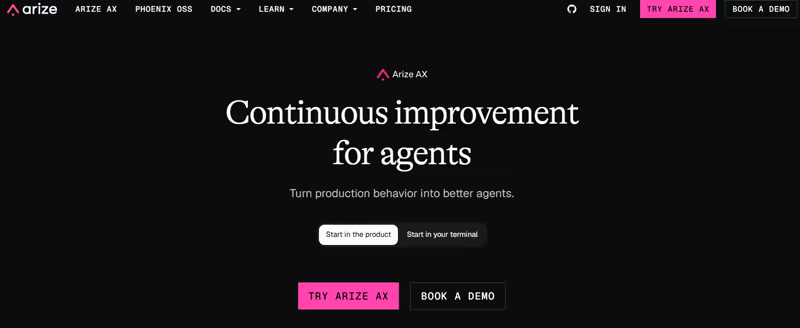 Arize AX homepage: continuous improvement for agents, turn production behavior into better agents