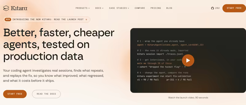 Kitaru homepage: better, faster, cheaper agents tested on production data, with a terminal showing the wrap, import, interview, and experiment steps